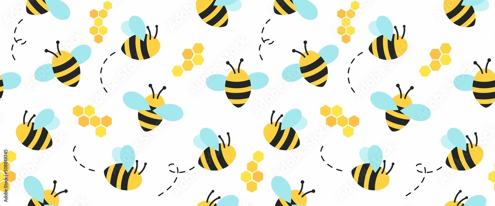 Bee pattern with cartoon bee characters, beehive and doodles. Seamless bee background. Summer and spring seamless pattern with flat style bee characters on white background. Vector illustration Stock Vector | Adobe Stock Bee pattern with cartoon bee characters, beehive and doodles. Seamless bee background. Summer and spring seamless pattern with flat style bee characters on white background. Vector illustration Stock Vector | Adobe Stock