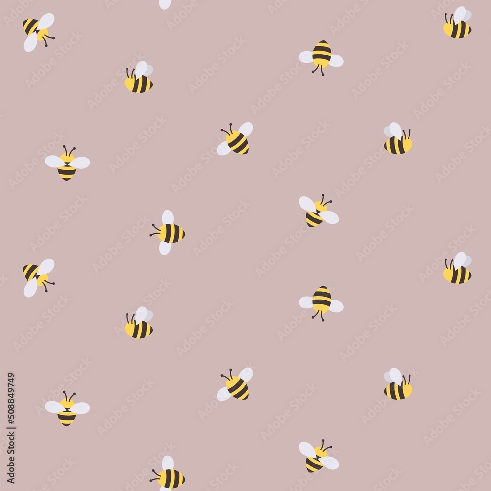 Trendy hand drawn bee seamless background. Cute summer or spring pattern with flat style bees. Cartoon bee vector illustration - obrazy, fototapety, plakaty 