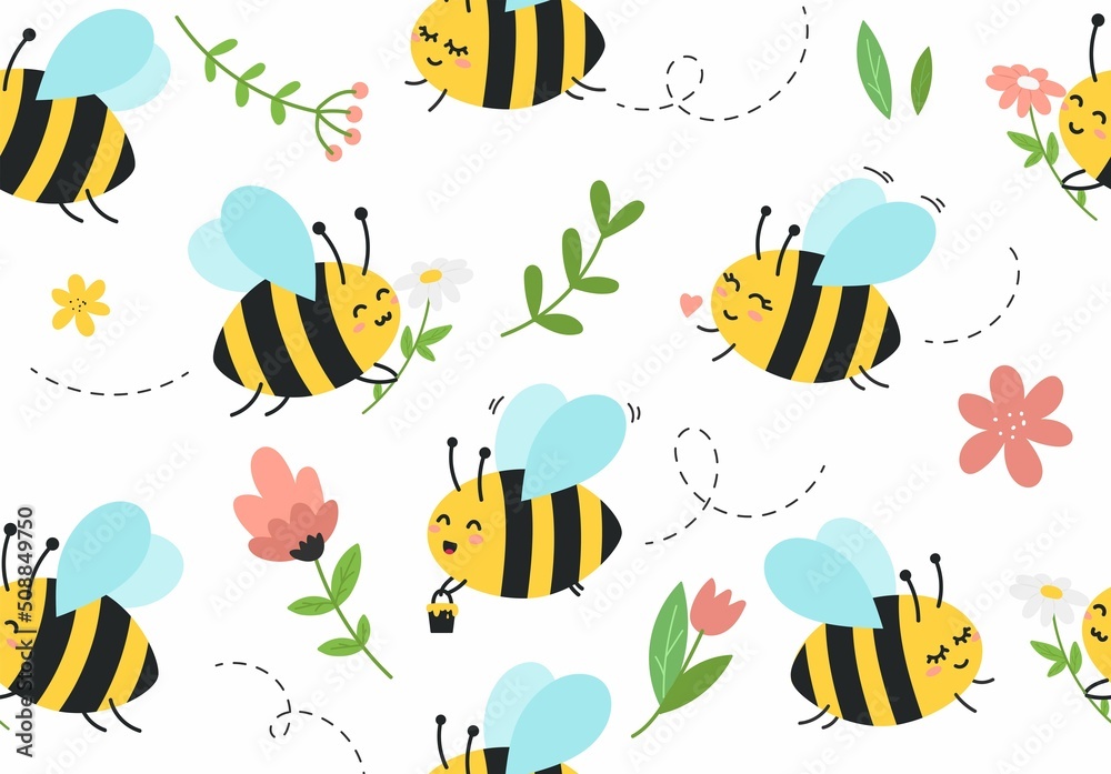 Cute seamless cartoon bee pattern with daisy, tulips, flowers and green leaves. Summer floral background with flat style bees for prints, cards, poster, nursery, baby shower, Vector illustration