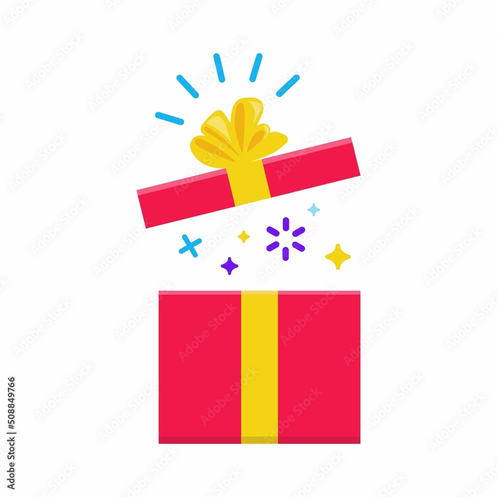 Flat style surprise gift box icon vector illustration. Colorful cartoon open gift box with ribbon bow. Vector icon for ui, present, birthday, logo,business, banne isolated on a white background. Stock Vector | Flat style surprise gift box icon vector illustration. Colorful cartoon open gift box with ribbon bow. Vector icon for ui, present, birthday, logo,business, banne isolated on a white background. Stock Vector |