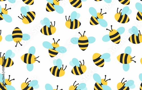 Bee pattern with flying cartoon bees. Seamless bee background. Summer and spring seamless pattern with flat style yellow and blue bees on white background. Vector illustration
