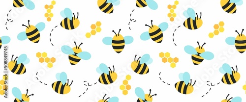 Bee pattern with cartoon bee characters, beehive and doodles. Seamless bee background. Summer and spring seamless pattern with flat style bee characters on white background. Vector illustration