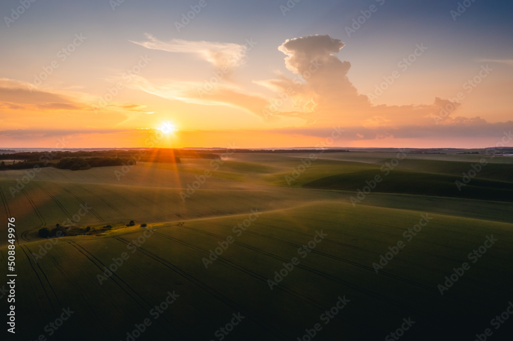 Perfect agricultural area and green wavy fields at sunset. Aerial photography.
