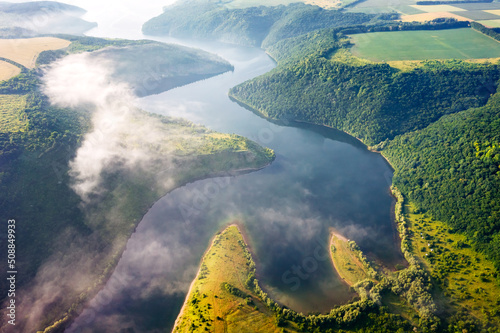 Obraz na płótnie Shooting from a drone with a view of the winding canyon of the Dniester River