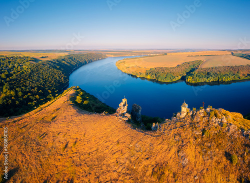 Spectacular top view of the Dniester River in the morning. Gorgeous summer image.