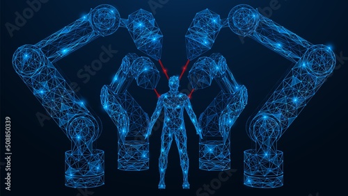 The process of creating a cyborg. Robotic industrial laser. Polygonal design of lines and dots. Blue background.
