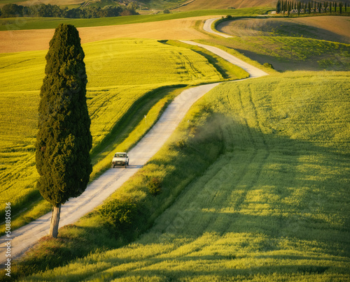 Tuscany landscape in summer with car driving on a road with cypress tree
