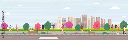 City street with people walking along the sidewalk. City panorama with buildings, road, trees.