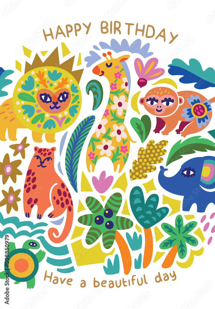 Happy Birthday vector card with cartoon African animals Happy Birthday vector card with cartoon African animals