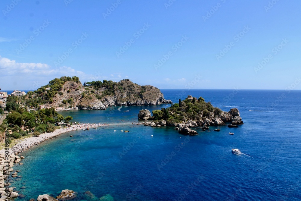 View to the sea, beach, green island and turquoise beautiful water, Sicily Italy View to the sea, beach, green island and turquoise beautiful water, Sicily Italy