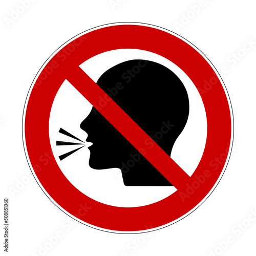 Stop talking sign. Vector illustration of red cross out circular sign with talking human head icon inside. Keep silence symbol isolated on white background. No talk. Do not open mouth.