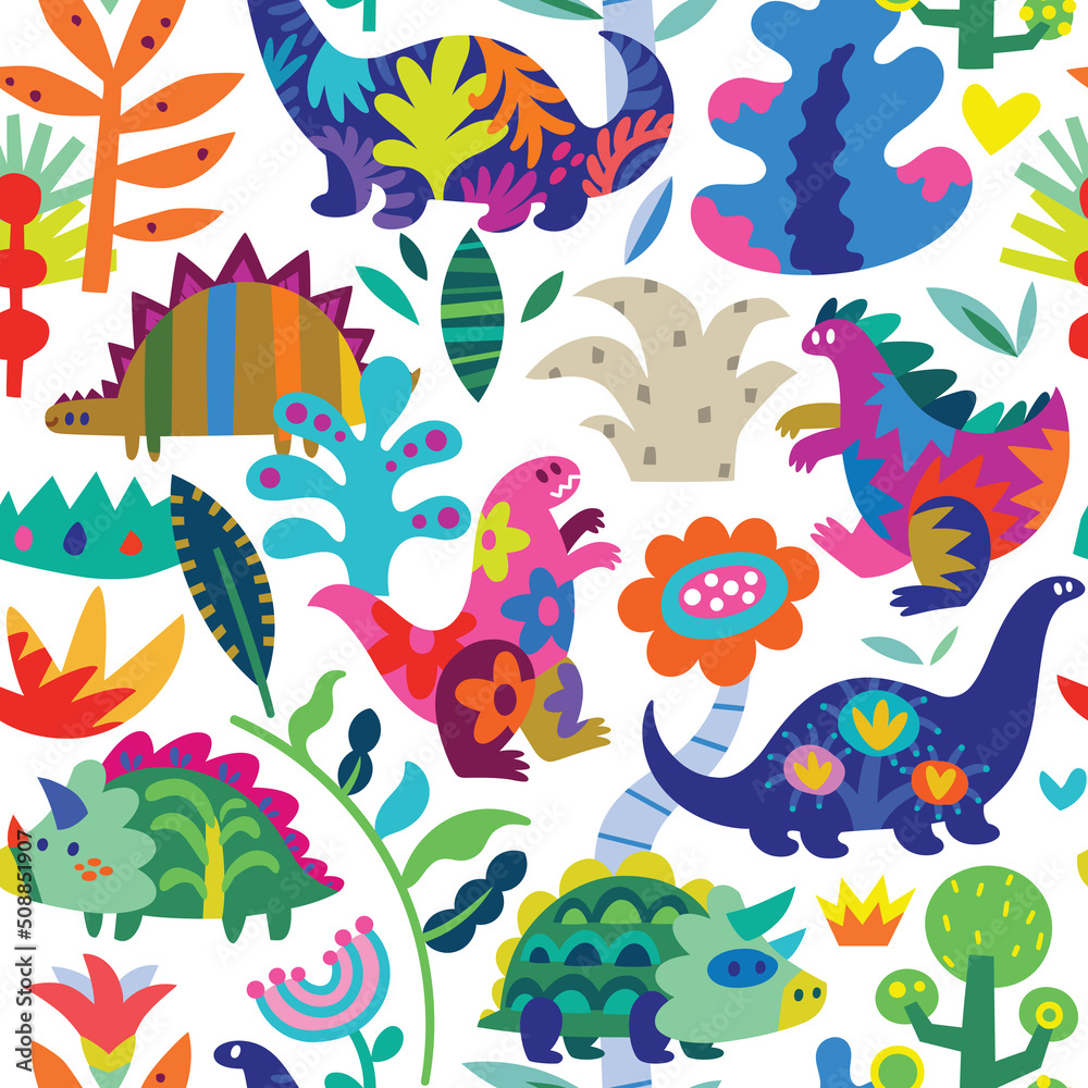 Seamless childish pattern with cartoon colorful dinosaurs, plants, and flowers