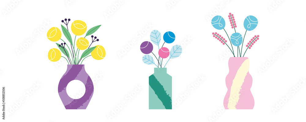 Set of modern abstract elegant bouquets of wild,garden blooming flowers in vases.Trendy decorative floral composition. Bunch of plants bouquet in textured vase. Hand drawn flat vector illustration Set of modern abstract elegant bouquets of wild,garden blooming flowers in vases.Trendy decorative floral composition. Bunch of plants bouquet in textured vase. Hand drawn flat vector illustration