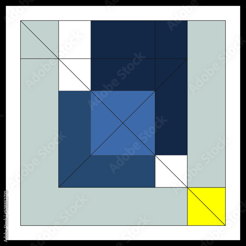 Wall frame for a picture or poster. Black wooden frame, painting example. Abstract geometric image, squares and rectangles. Grey, light grey, black, white and yellow. Vector illustration