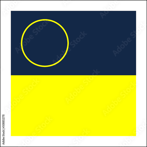 Wall frame for a picture or poster. Black wooden frame, painting example. Abstract geometric image, circle and rectangles. Grey-blue and yellow. Vector illustration