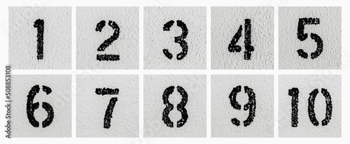 Panoramic photo collage of numbers of 1 to 10, on grey textured background.