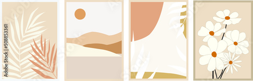 Drawings with elements of nature, White, gray, terracotta color. Use in web design, illustrations, posters, banners is possible.