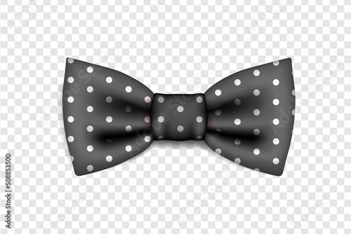 Vector icon of a black polka dot bow tie highlighted on a transparent background with an inscription. Hipster style