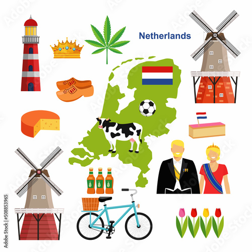 Vector illustration in cartoon style with symbols of Netherlands. Holland set of elements.  