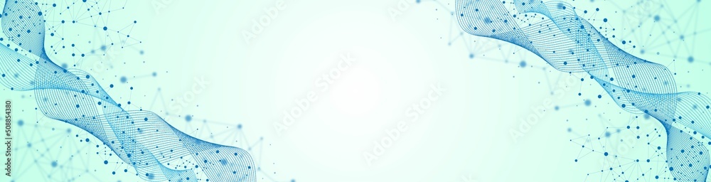 Vector blue wave background frame. Design of lines, flow connected by dots. Texture mesh plexus. Chaotic cells of digital communication. Neural network. Poster technology, medicine, business.