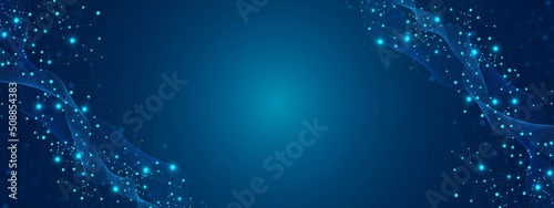 Vector neon wave background frame. Design of lines, flow connected by glow dots. Texture mesh plexus. Chaotic cells of digital communication. Neural network. Poster technology, medicine, business.