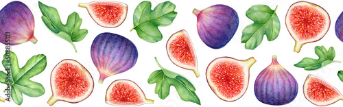 Seamless pattern with watercolor figs and leaves