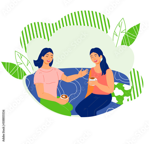 Friend girls two women drinking coffee and chatting lively. Leisure time at home and friendly communication, people relationships and friendship. Flat vector illustration isolated.