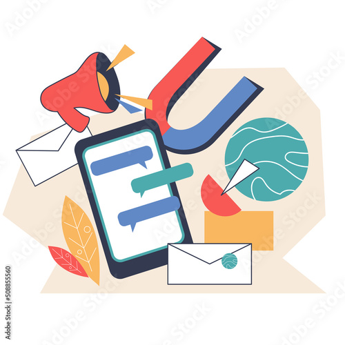Inbound and outbound marketing and SMM management symbol, flat vector illustration isolated on white background. Email and mobile marketing service, advertising business and promotion strategy.