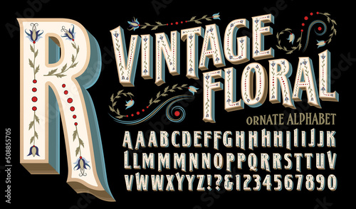 Vintage Floral is an ornate style of alphabet with antique or Victorian flower and design insets. Great for a historic retro look with a quaint old time vibe.