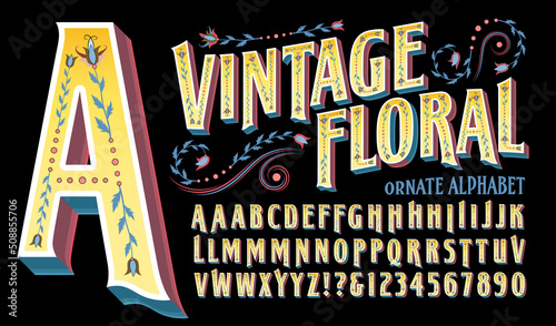 Vintage Floral is an ornate style of alphabet with antique or Victorian flower and design insets. Great for a historic retro look with a quaint old time vibe.