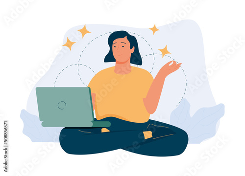 Calm business woman. Businesswoman meditating and relaxing in lotus position meditation and yoga in a noisy office.