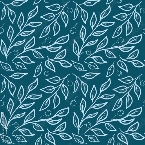 Seamless abstract floral pattern. light leaves, twigs on a blue background.
