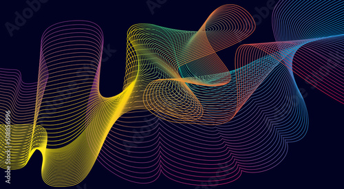 Abstract background with bright multicolored wavy lines. The lines are intertwined in a certain way on a dark blue background.