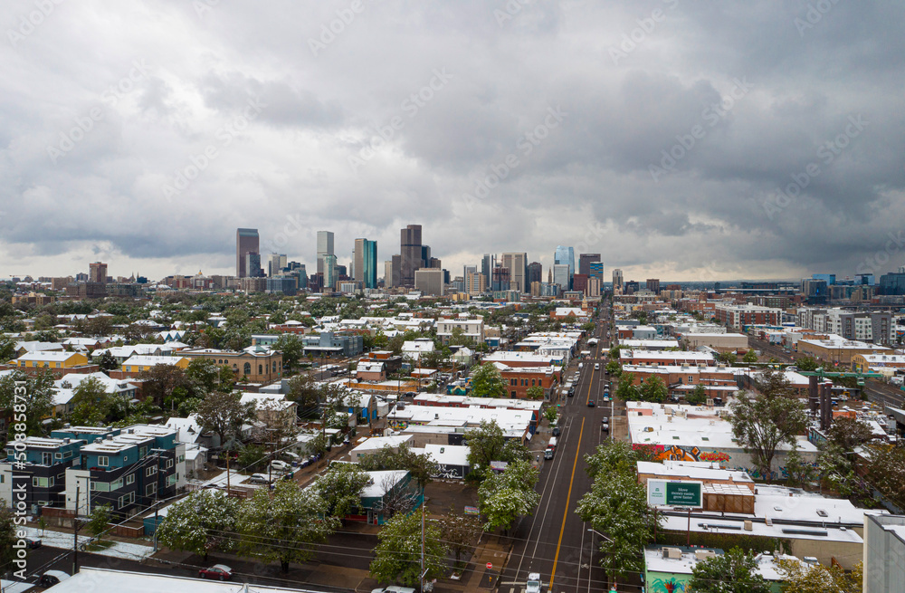 Aerial View of Denver After a Fresh Spring Snowfall