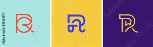 Set of three vector logos. Linear logo monogram letter R. Vector illustration
