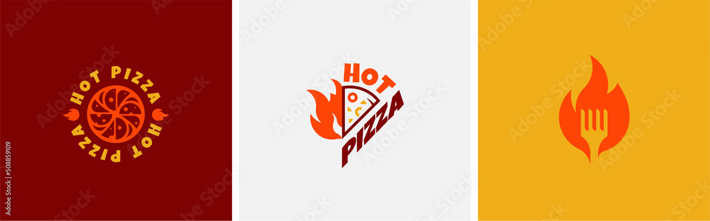 Obraz premium Set of three hot fast food and pizza vector logos. Vector illustration