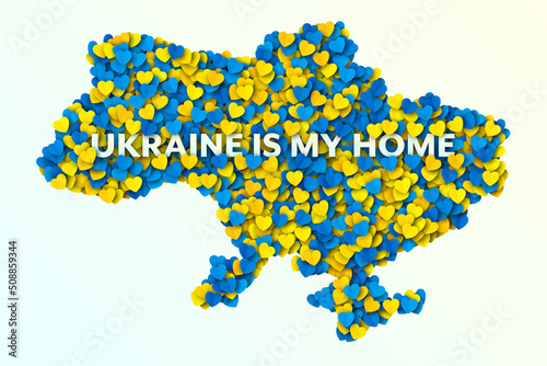Vector Scattered Paper Yellow Blue Hearts In The Shape Of Ukraine Map Isolated On Light Background. Ukrainian Border Contour In National Patriotic Colours Banner. Ukraine Is My Home Poster For Print