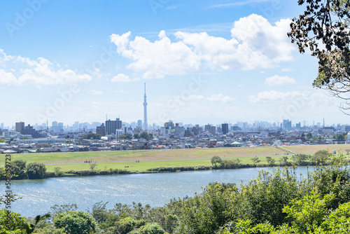 青空を背景に市川、里見公園から江戸川越しに見た東京の風景