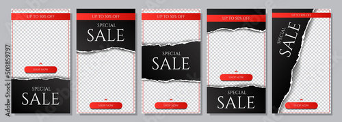 Vector illustration. Torn paper effect. Black gradient color banner collection. Design for flyer, discount voucher, coupon, social media stories. Decorative 3d realistic style. Transparent background