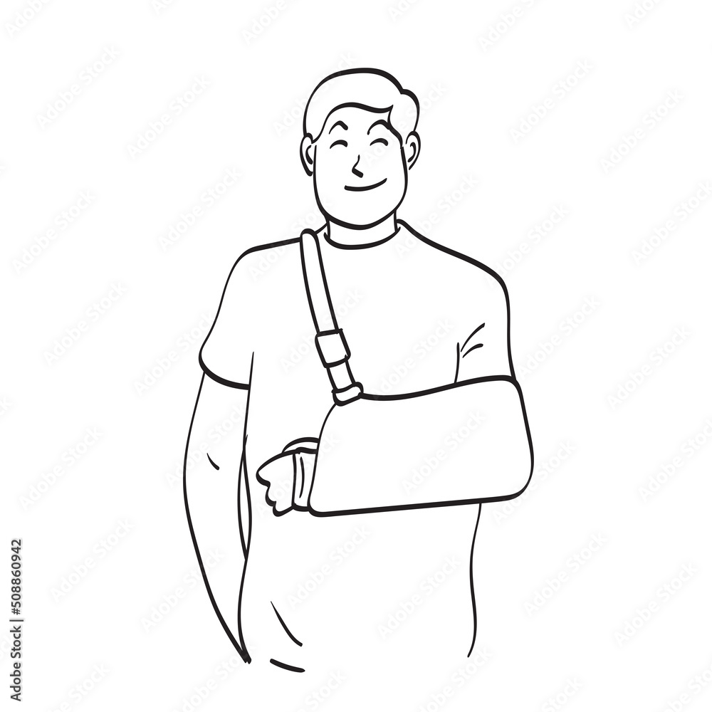man with a broken arm wearing an arm splint illustration vector hand drawn isolated on white background line art.
