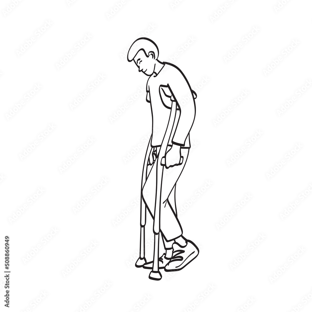 standing male patient with crutches illustration vector hand drawn isolated on white background line art. standing male patient with crutches illustration vector hand drawn isolated on white background line art.