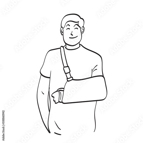 man with a broken arm wearing an arm splint illustration vector hand drawn isolated on white background line art.