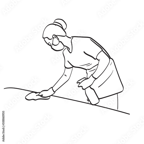 female housekeeper in face mask and gloves cleaning home in room illustration vector hand drawn isolated on white background line art.