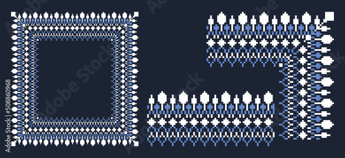 Lacy frame, corner and border with ukrainian embroidery vyshyvanka Pixel or square designed filigree frame for classic ornamental design