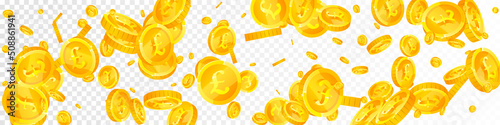 British pound coins falling. Breathtaking scattered GBP coins. United Kingdom money. Divine jackpot, wealth or success concept. Vector illustration.