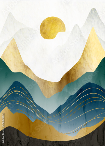 Abstract ink art background with mountains and hills in blue and gold. Landscape print for interior design, wallpaper, decor, poster