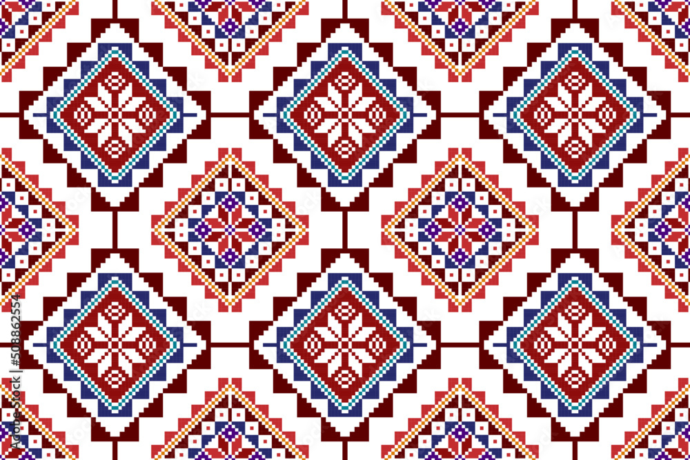 Geometric abstract Ikat ethnic seamless pattern design. Aztec fabric carpet mandala ornaments textile decorations wallpaper. Tribal boho native ethnic turkey traditional embroidery vector background 