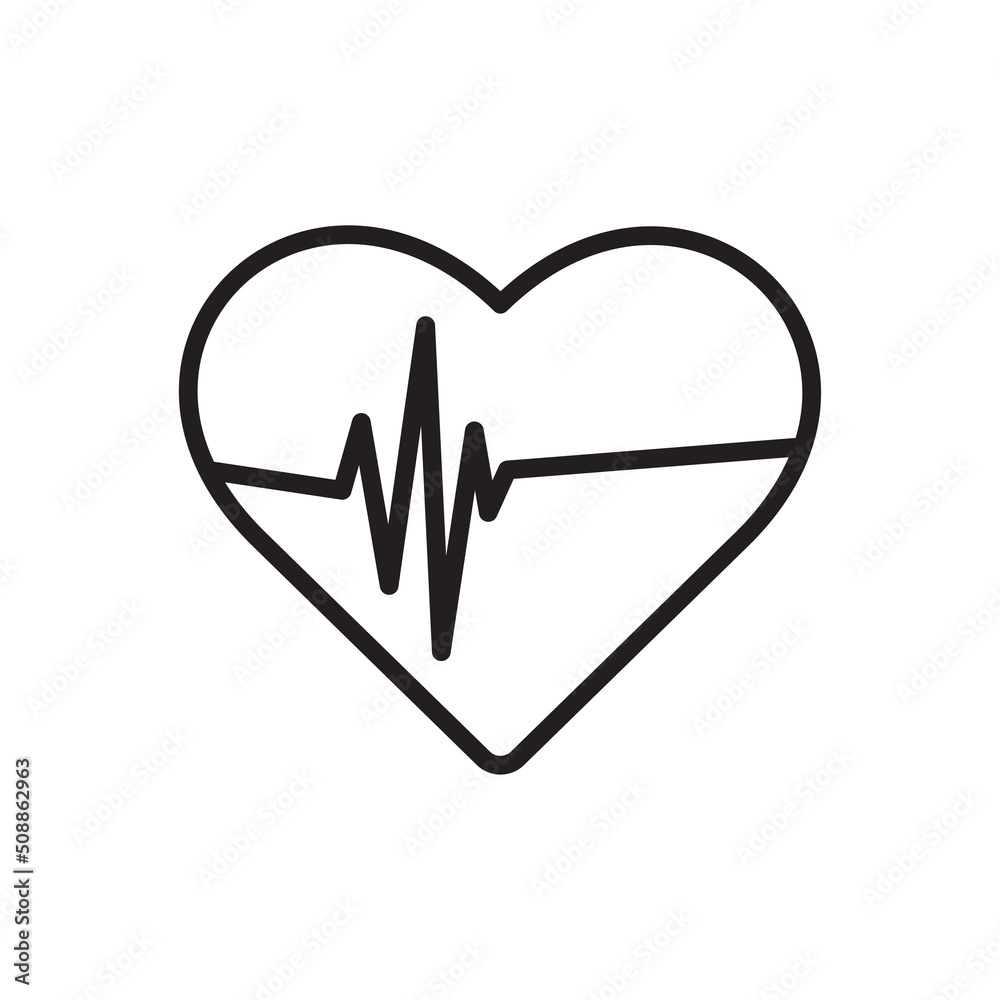 Vector medical illustration of a black outline of a heart. Heart rhythm ...