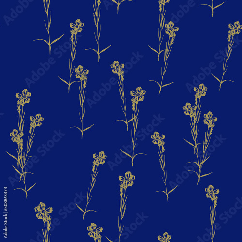 Seamless floral pattern with silhouettes of wild carnation flowers. Hand drawn sketches. Golden branches on blue background.. 