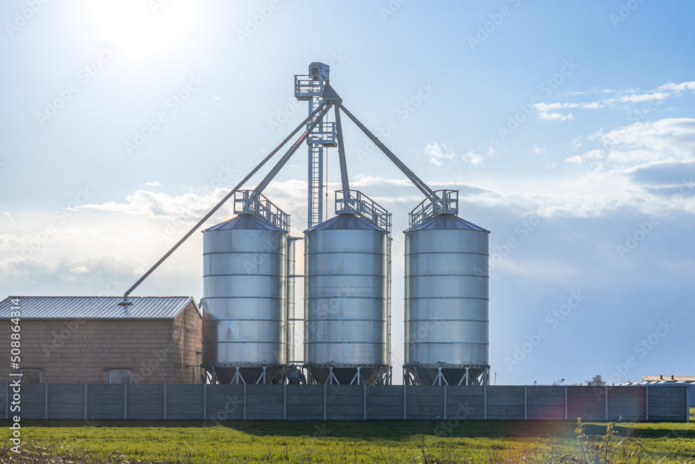 Modern granary, grain drying complex, covered elevators on a farm in a field, agriculture. Against the blue sky Modern granary, grain drying complex, covered elevators on a farm in a field, agriculture. Against the blue sky